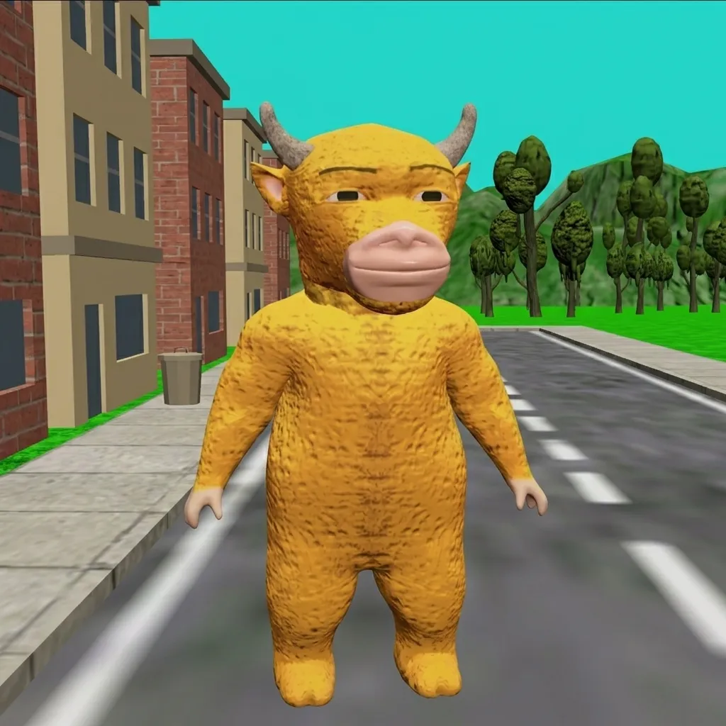 A Niu Lai bull wandering a rough low-poly 3D city street — AI fan art