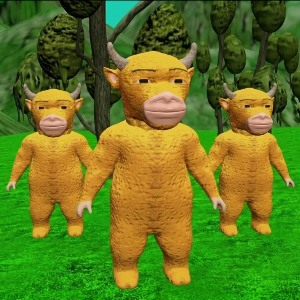 Three Niu Lai bulls standing together in the crude 3D style — AI fan art