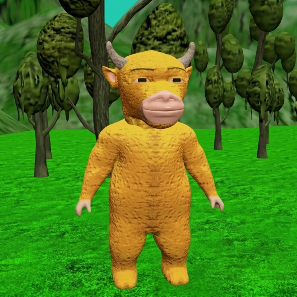 The classic chunky Niu Lai 3D bull standing in a plain low-detail forest — AI fan art
